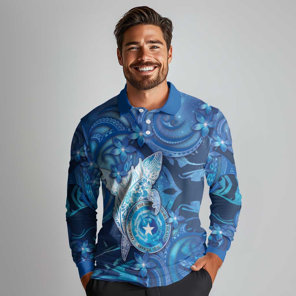 Personalised Northern Mariana Islands Long Sleeve Polo Shirt Galaxy Polynesian Shark Tattoo DT05 - Polynesian Pride