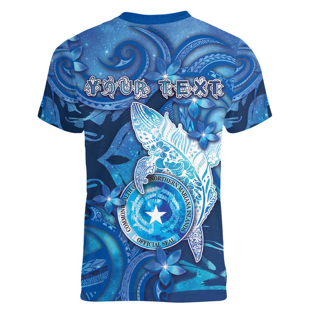 Personalised Northern Mariana Islands Women V-Neck T-Shirt Galaxy Polynesian Shark Tattoo - Polynesian Pride