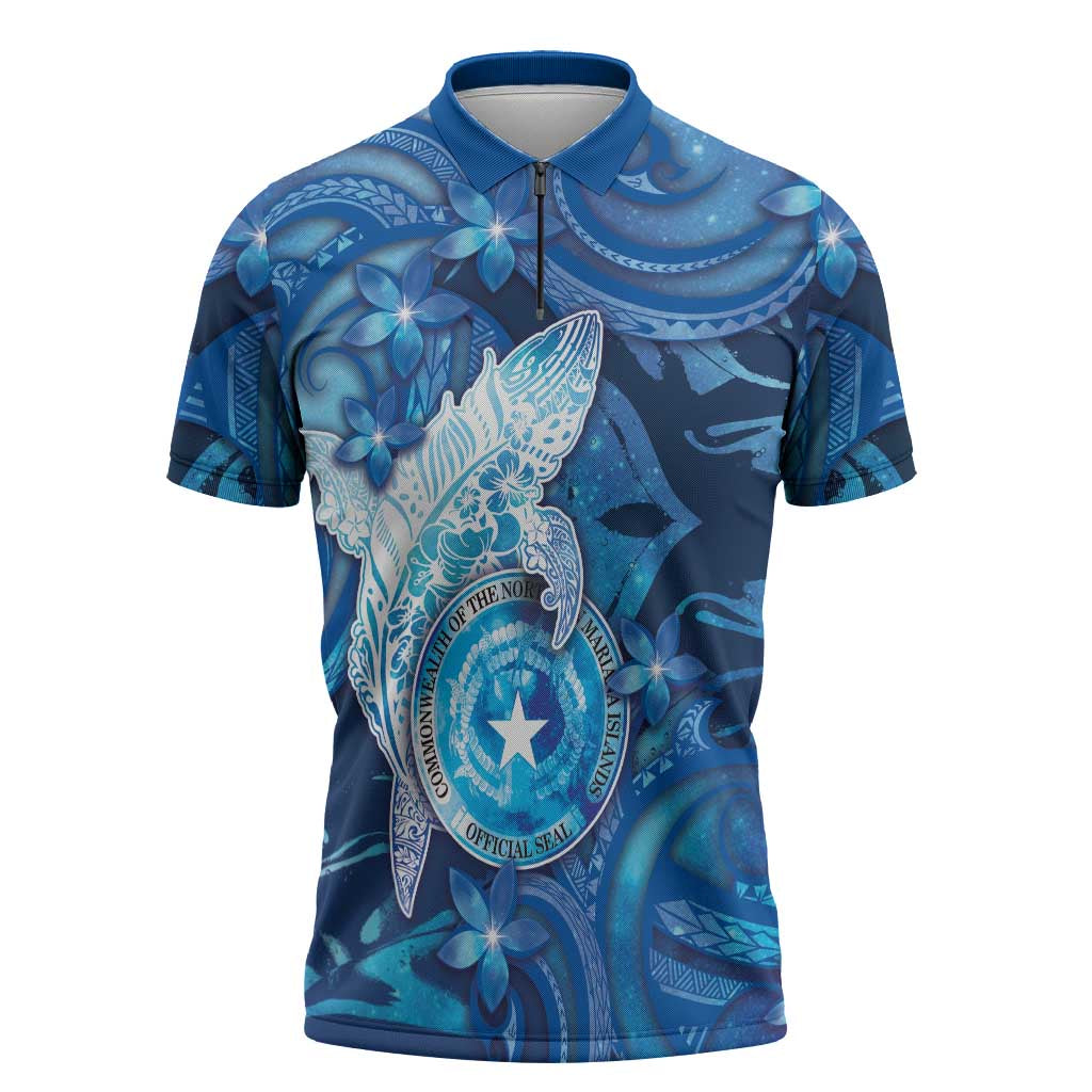 Personalised Northern Mariana Islands Zipper Polo Shirt Galaxy Polynesian Shark Tattoo DT05 Blue - Polynesian Pride