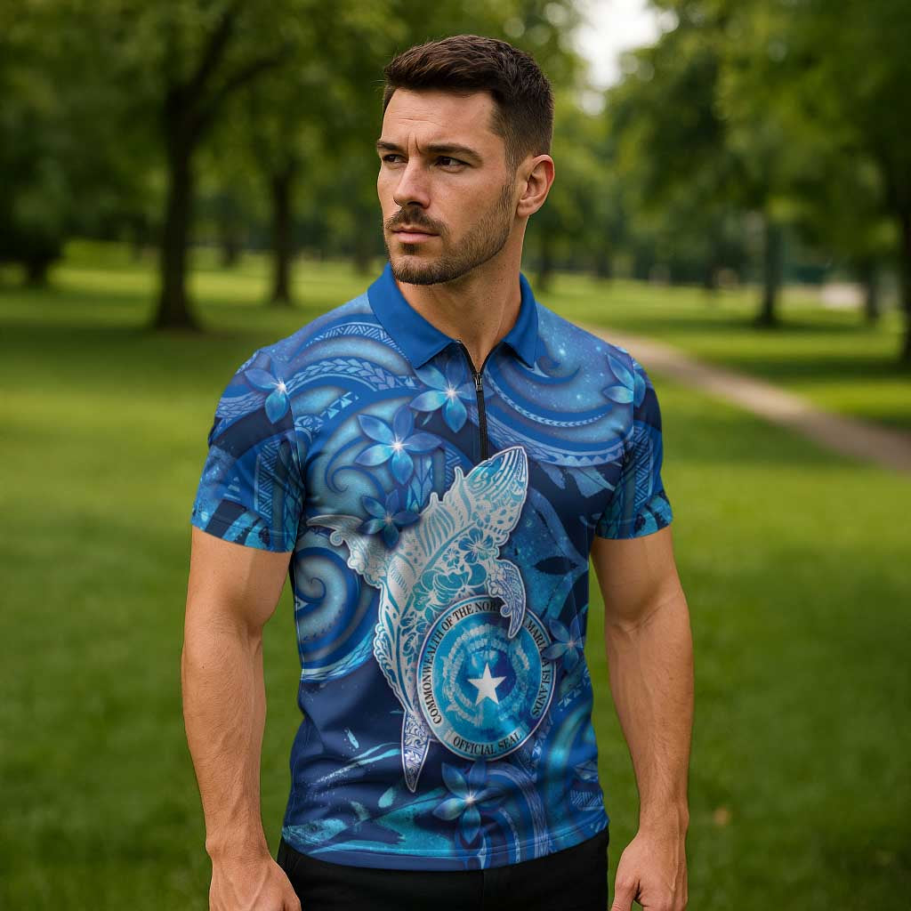 Personalised Northern Mariana Islands Zipper Polo Shirt Galaxy Polynesian Shark Tattoo DT05 - Polynesian Pride