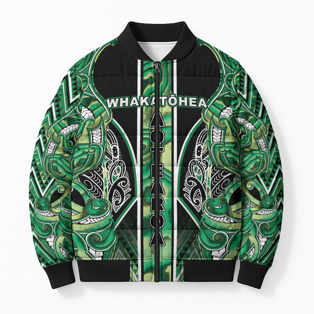 Aotearoa Whakatohea Bomber Puffer Jacket Maori Tribal Green Abalone Paua Shell Pattern DT05 Unisex Green - Polynesian Pride