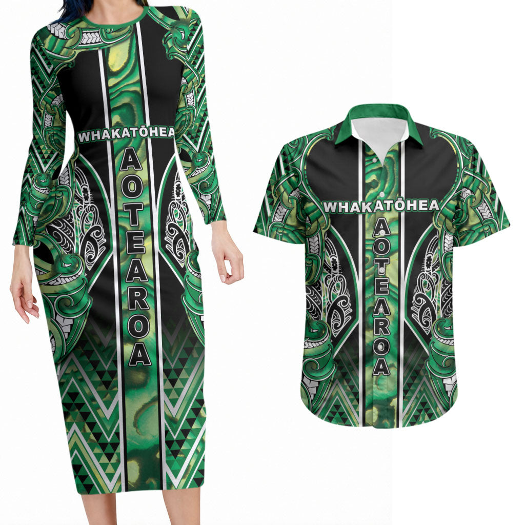 Aotearoa Whakatohea Couples Matching Long Sleeve Bodycon Dress and Hawaiian Shirt Maori Tribal Green Abalone Paua Shell Pattern DT05 Green - Polynesian Pride