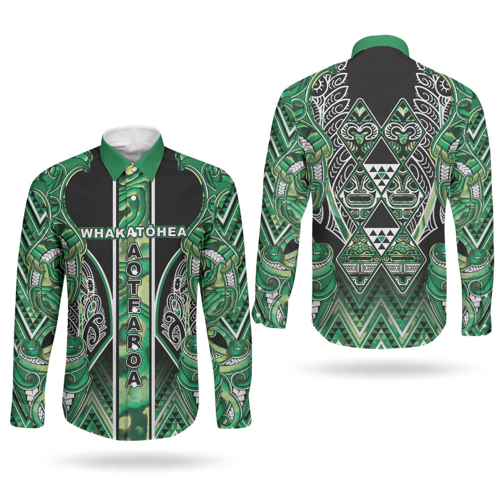 Aotearoa Whakatohea Couples Matching Long Sleeve Bodycon Dress and Long Sleeve Button Shirt Maori Tribal Green Abalone Paua Shell Pattern DT05 - Polynesian Pride