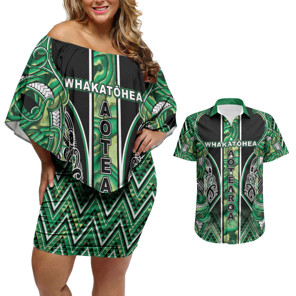 Aotearoa Whakatohea Couples Matching Off Shoulder Short Dress and Hawaiian Shirt Maori Tribal Green Abalone Paua Shell Pattern DT05 Green - Polynesian Pride