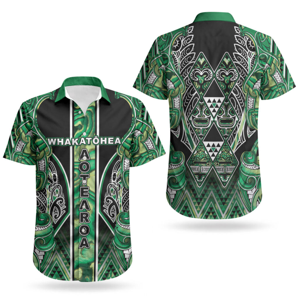 Aotearoa Whakatohea Couples Matching Off Shoulder Short Dress and Hawaiian Shirt Maori Tribal Green Abalone Paua Shell Pattern DT05 - Polynesian Pride