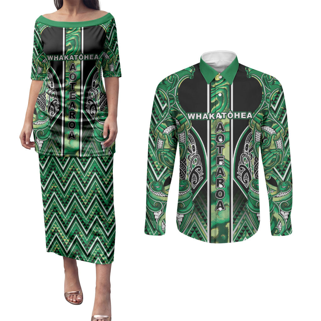 Aotearoa Whakatohea Couples Matching Puletasi and Long Sleeve Button Shirt Maori Tribal Green Abalone Paua Shell Pattern DT05 Green - Polynesian Pride