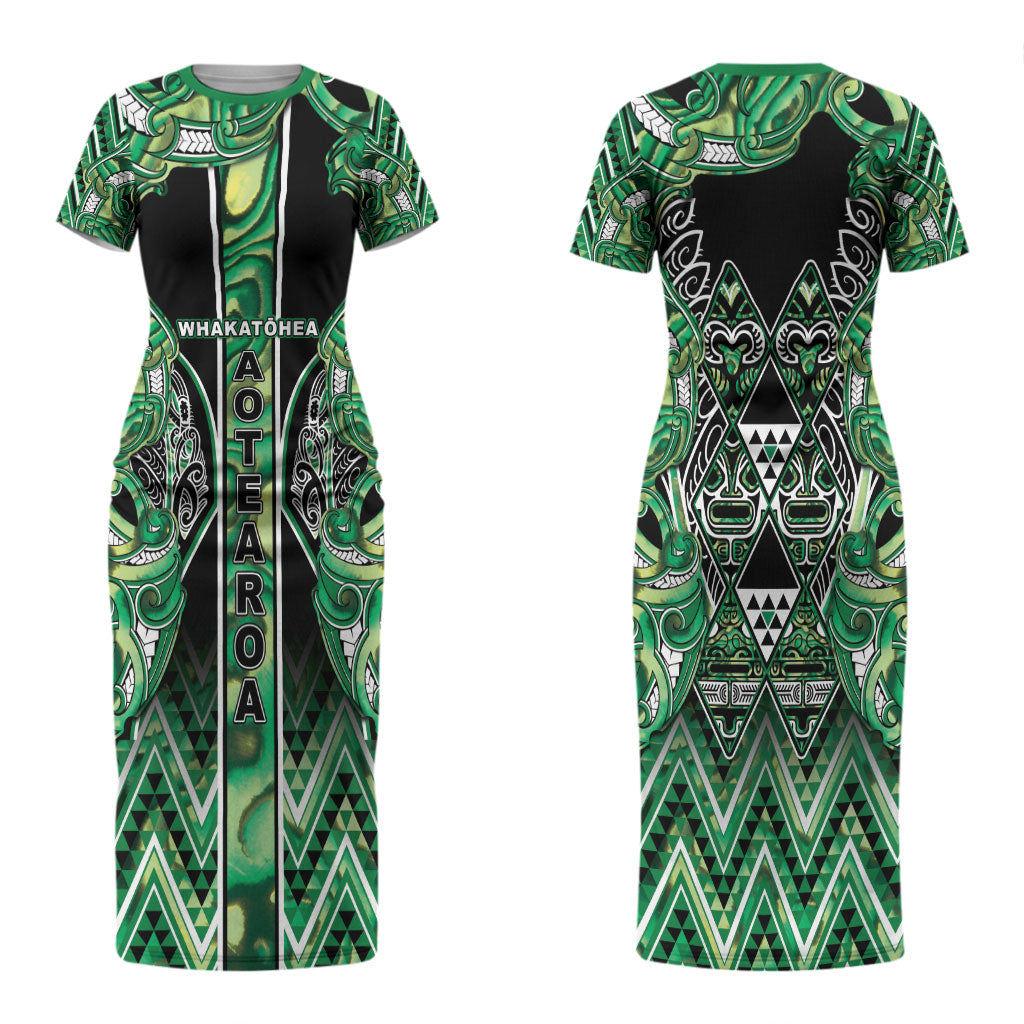 Aotearoa Whakatohea Couples Matching Short Sleeve Bodycon Dress and Hawaiian Shirt Maori Tribal Green Abalone Paua Shell Pattern DT05 - Polynesian Pride