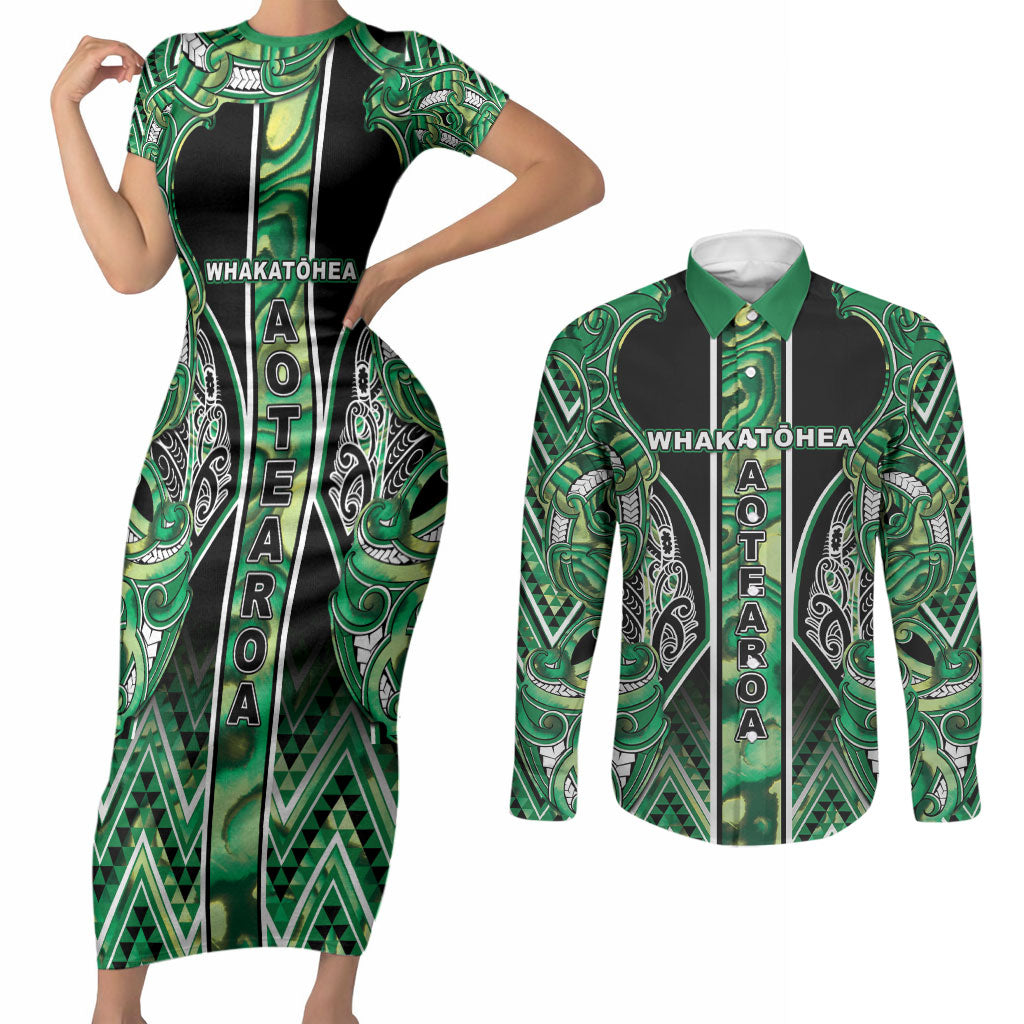 Aotearoa Whakatohea Couples Matching Short Sleeve Bodycon Dress and Long Sleeve Button Shirt Maori Tribal Green Abalone Paua Shell Pattern DT05 Green - Polynesian Pride