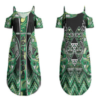 Aotearoa Whakatohea Couples Matching Summer Maxi Dress and Long Sleeve Button Shirt Maori Tribal Green Abalone Paua Shell Pattern DT05 - Polynesian Pride