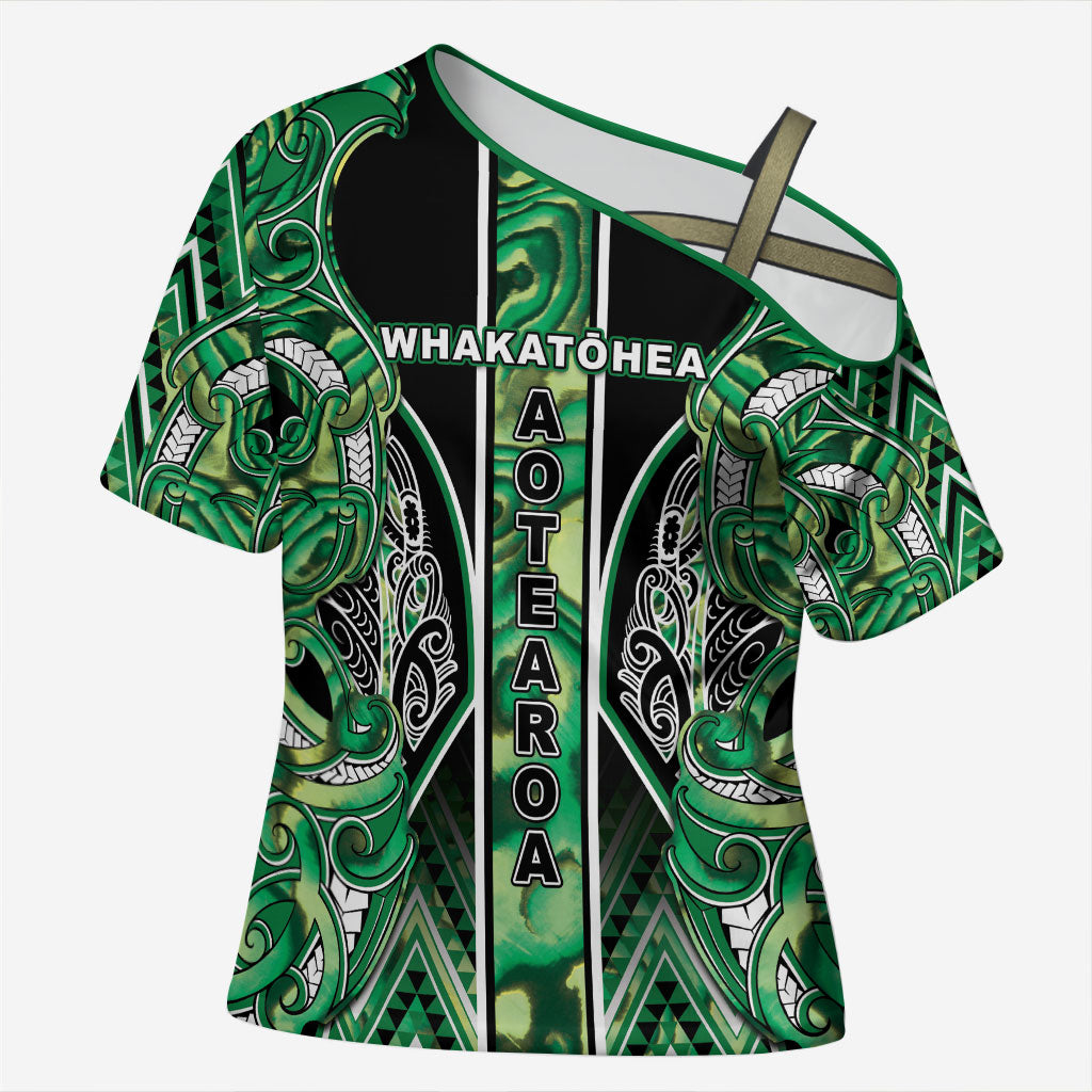 Aotearoa Whakatohea Cross Shoulder Shirt Maori Tribal Green Abalone Paua Shell Pattern DT05 Female Green - Polynesian Pride