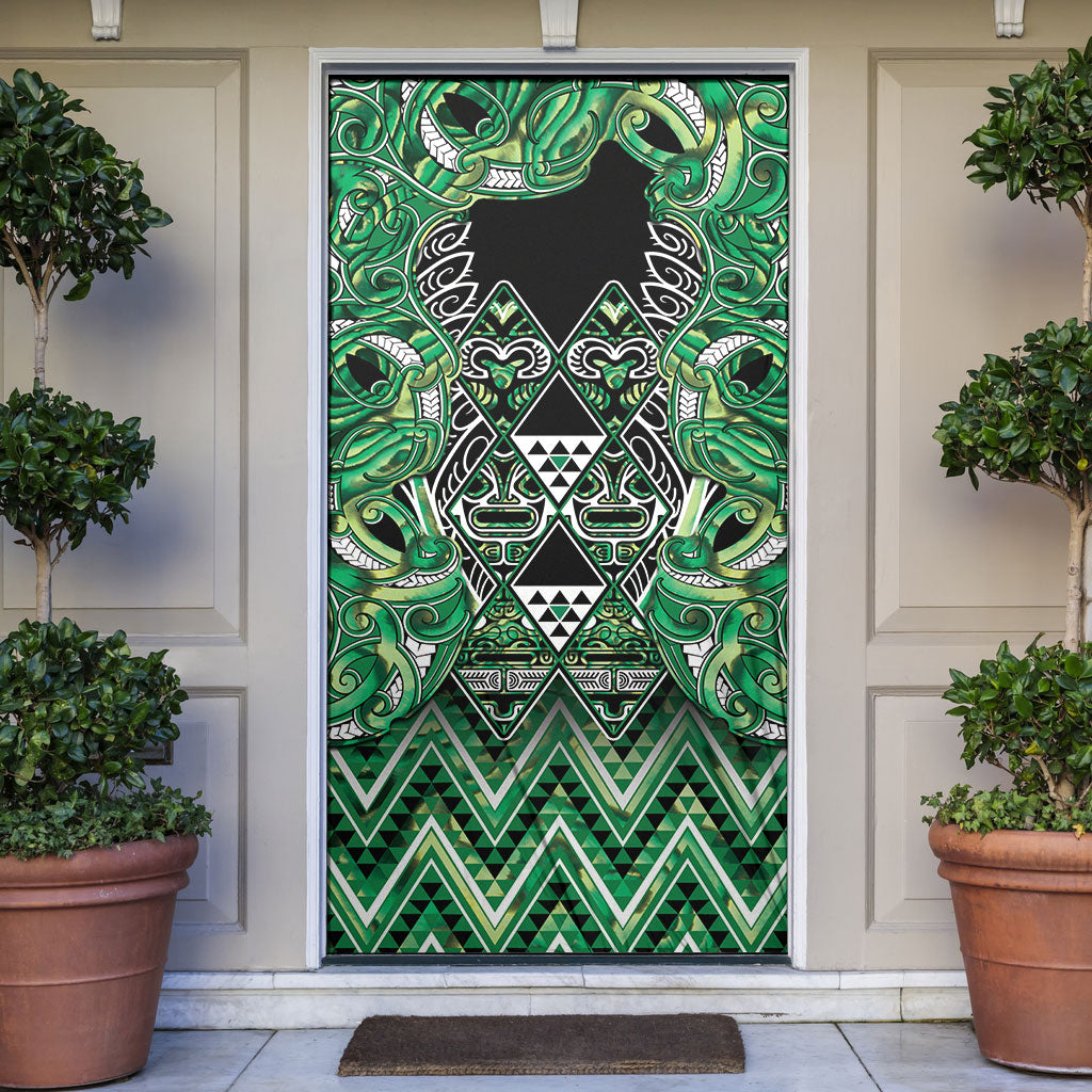 Aotearoa Whakatohea Door Cover Maori Tribal Green Abalone Paua Shell Pattern DT05 Green - Polynesian Pride