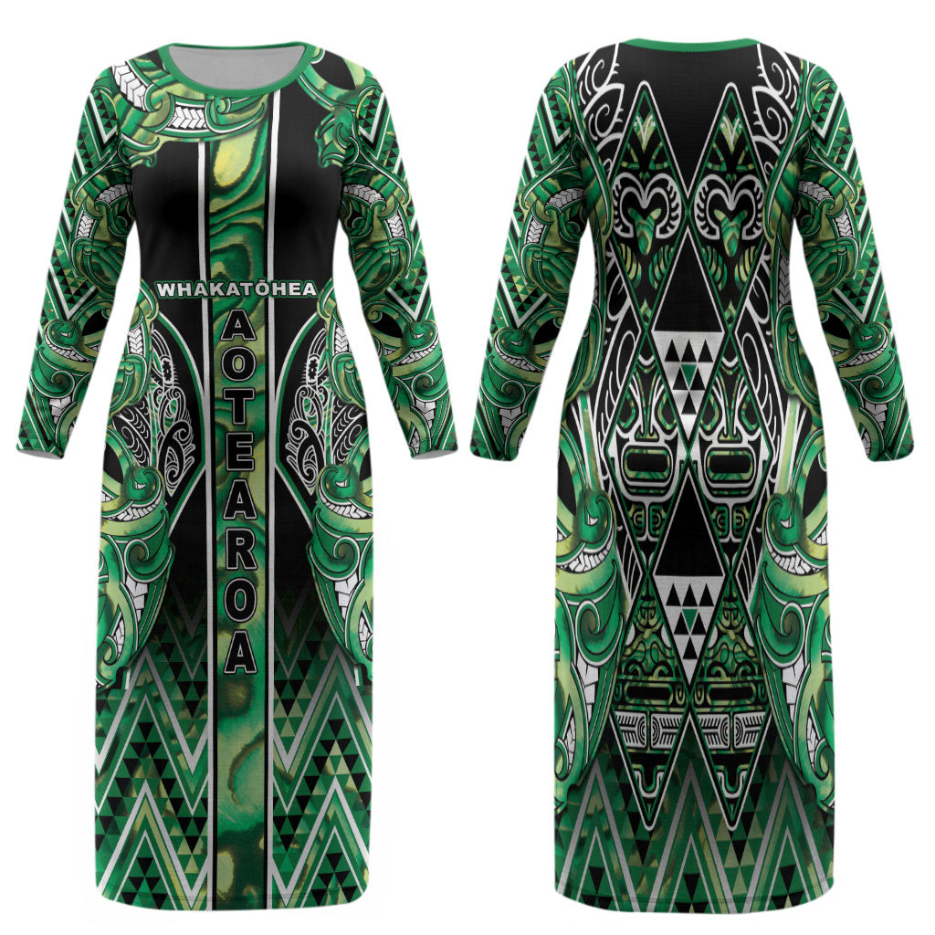 Aotearoa Whakatohea Family Matching Long Sleeve Bodycon Dress and Hawaiian Shirt Maori Tribal Green Abalone Paua Shell Pattern DT05 Mom's Dress Green - Polynesian Pride