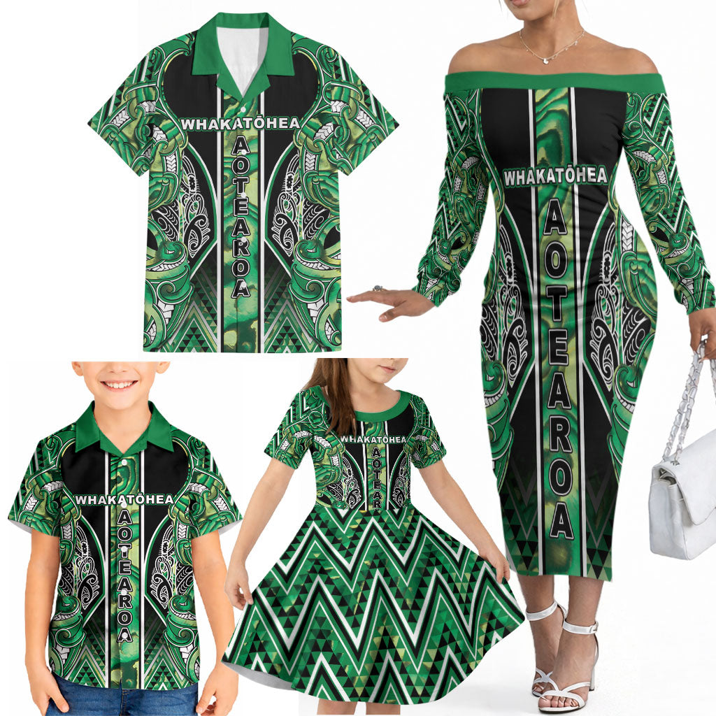 Aotearoa Whakatohea Family Matching Off The Shoulder Long Sleeve Dress and Hawaiian Shirt Maori Tribal Green Abalone Paua Shell Pattern DT05 - Polynesian Pride