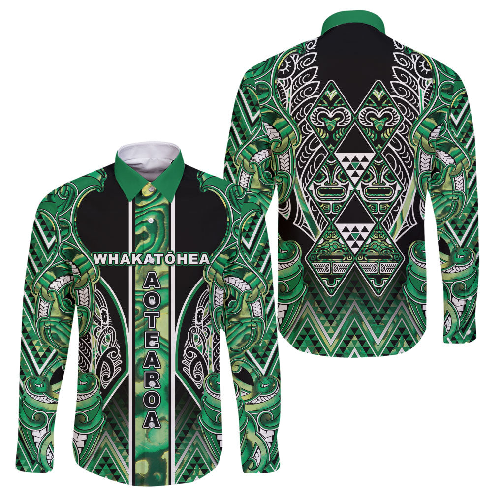 Aotearoa Whakatohea Family Matching Off The Shoulder Long Sleeve Dress and Hawaiian Shirt Maori Tribal Green Abalone Paua Shell Pattern DT05 Dad's Shirt - Long Sleeve Green - Polynesian Pride