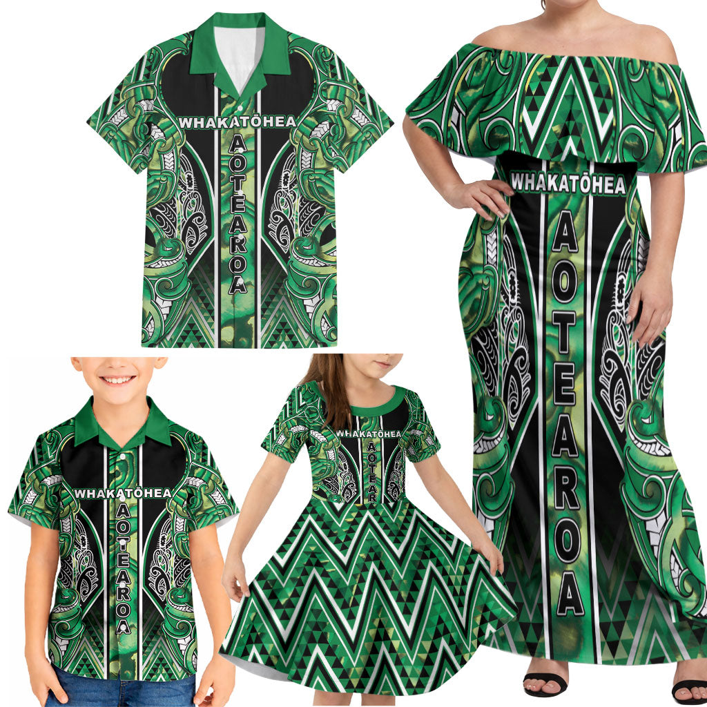 Aotearoa Whakatohea Family Matching Off Shoulder Maxi Dress and Hawaiian Shirt Maori Tribal Green Abalone Paua Shell Pattern DT05 - Polynesian Pride