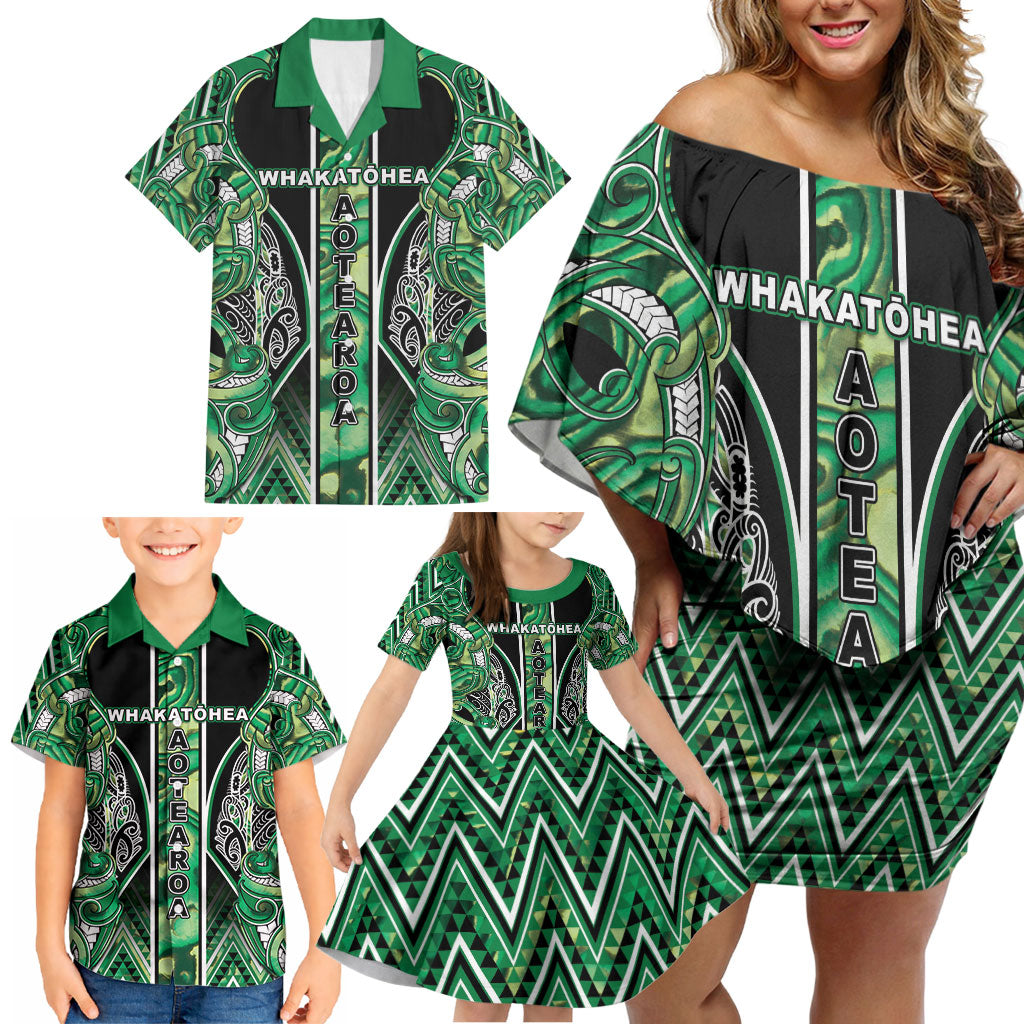 Aotearoa Whakatohea Family Matching Off Shoulder Short Dress and Hawaiian Shirt Maori Tribal Green Abalone Paua Shell Pattern DT05 - Polynesian Pride