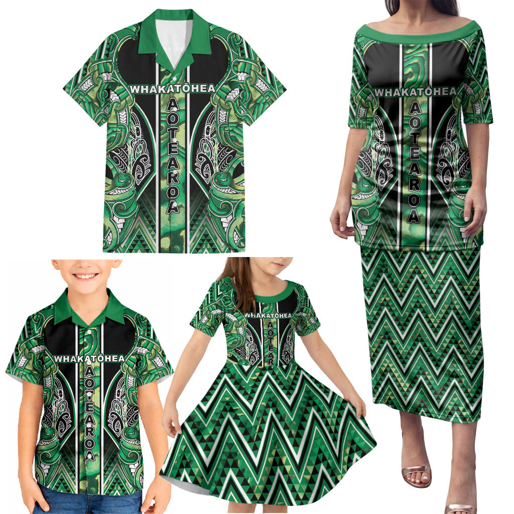 Aotearoa Whakatohea Family Matching Puletasi and Hawaiian Shirt Maori Tribal Green Abalone Paua Shell Pattern DT05 - Polynesian Pride