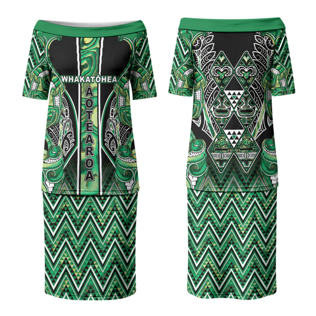 Aotearoa Whakatohea Family Matching Puletasi and Hawaiian Shirt Maori Tribal Green Abalone Paua Shell Pattern DT05 Mom's Dress Green - Polynesian Pride