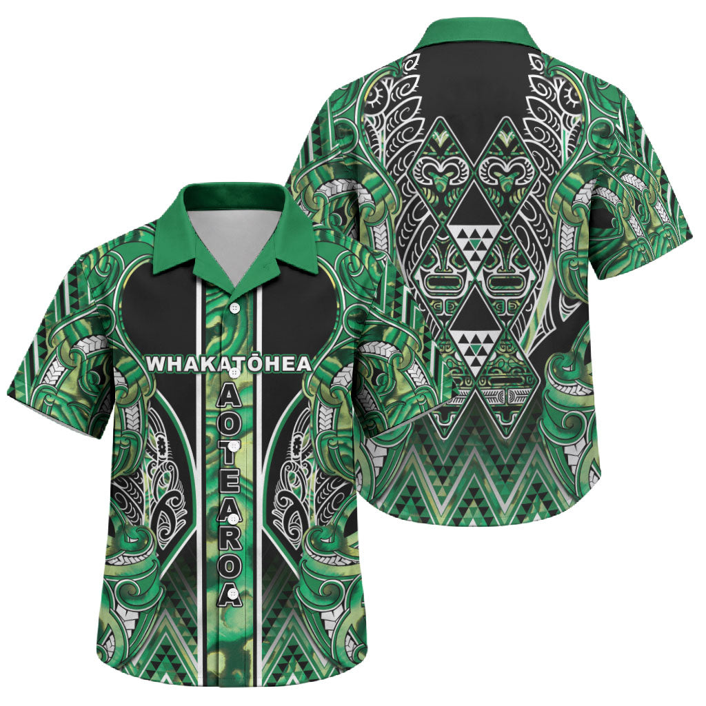 Aotearoa Whakatohea Family Matching Puletasi and Hawaiian Shirt Maori Tribal Green Abalone Paua Shell Pattern DT05 Son's Shirt Green - Polynesian Pride