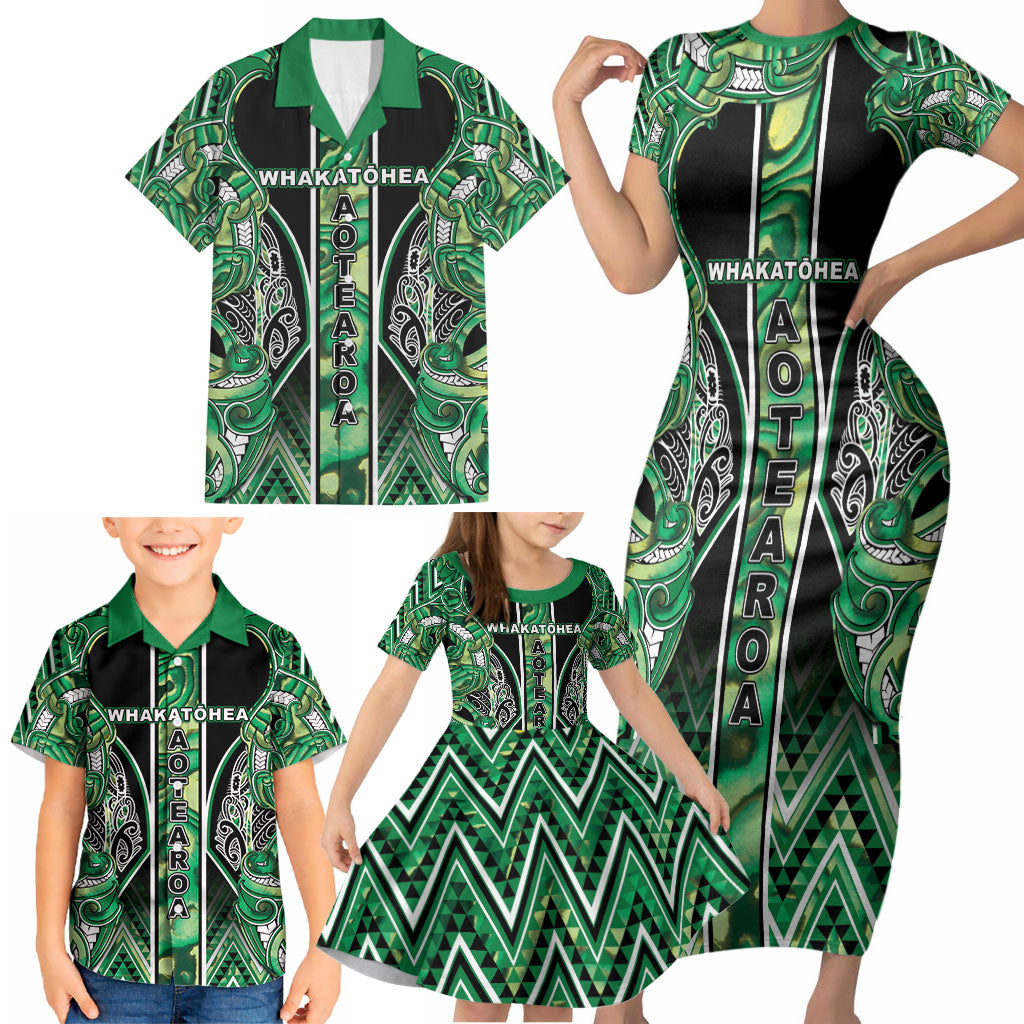 Aotearoa Whakatohea Family Matching Short Sleeve Bodycon Dress and Hawaiian Shirt Maori Tribal Green Abalone Paua Shell Pattern DT05 - Polynesian Pride
