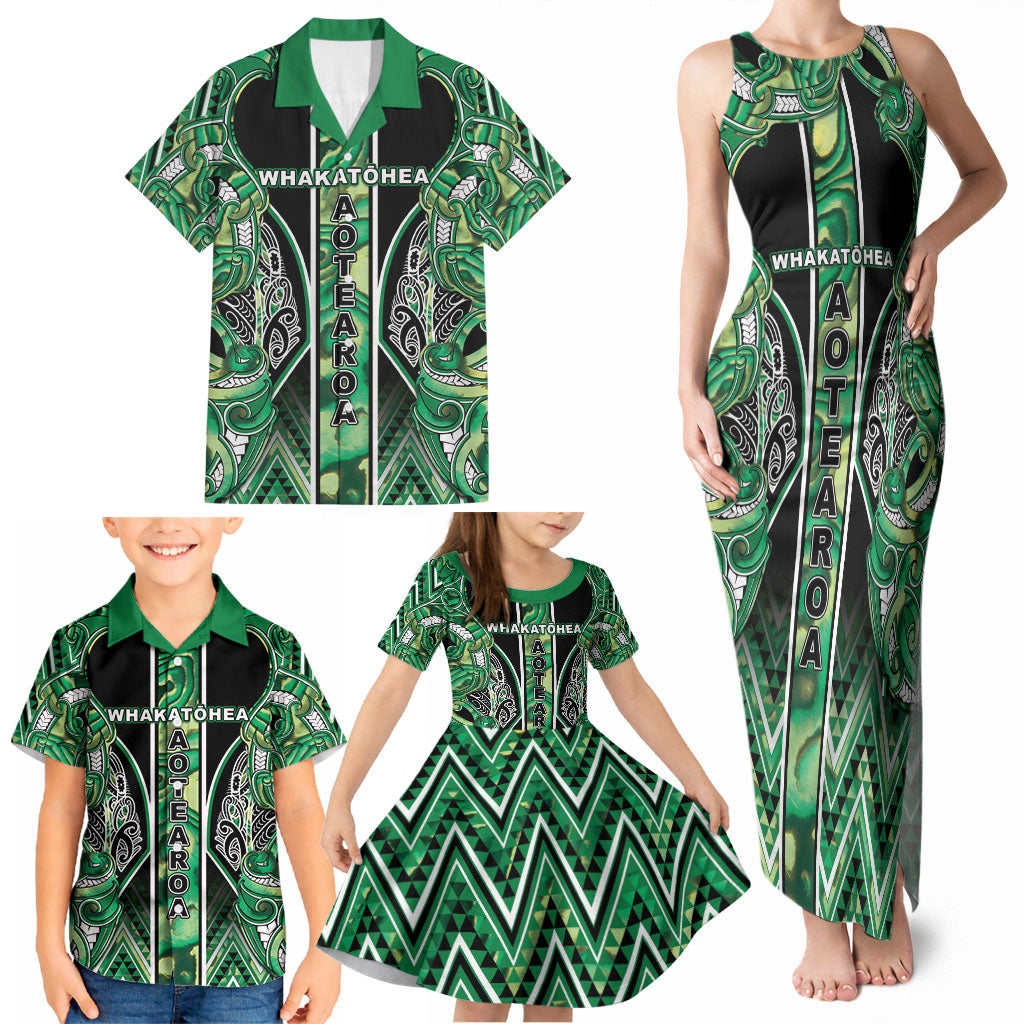 Aotearoa Whakatohea Family Matching Tank Maxi Dress and Hawaiian Shirt Maori Tribal Green Abalone Paua Shell Pattern DT05 - Polynesian Pride