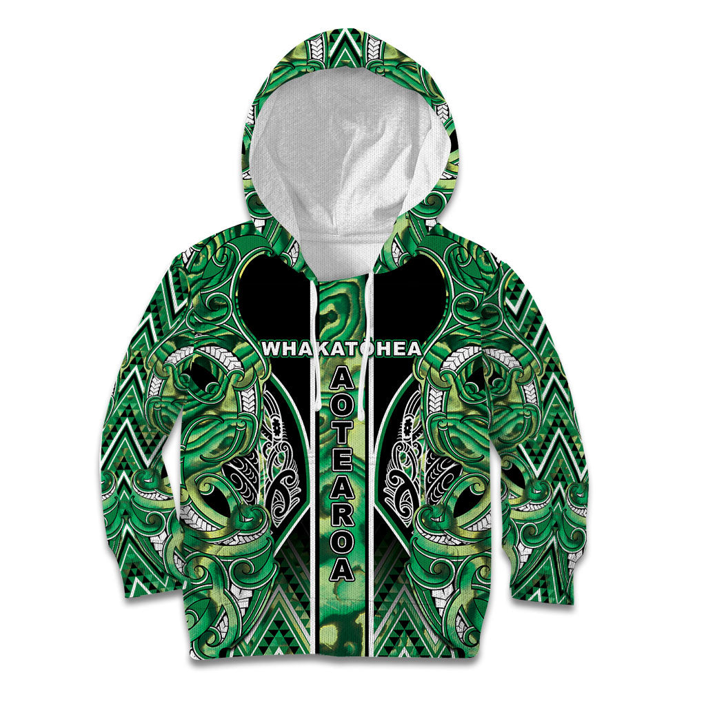 Aotearoa Whakatohea Kid Hoodie Maori Tribal Green Abalone Paua Shell Pattern DT05 Hoodie Green - Polynesian Pride