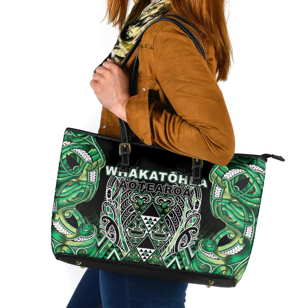 Aotearoa Whakatohea Leather Tote Bag Maori Tribal Green Abalone Paua Shell Pattern DT05 Green - Polynesian Pride