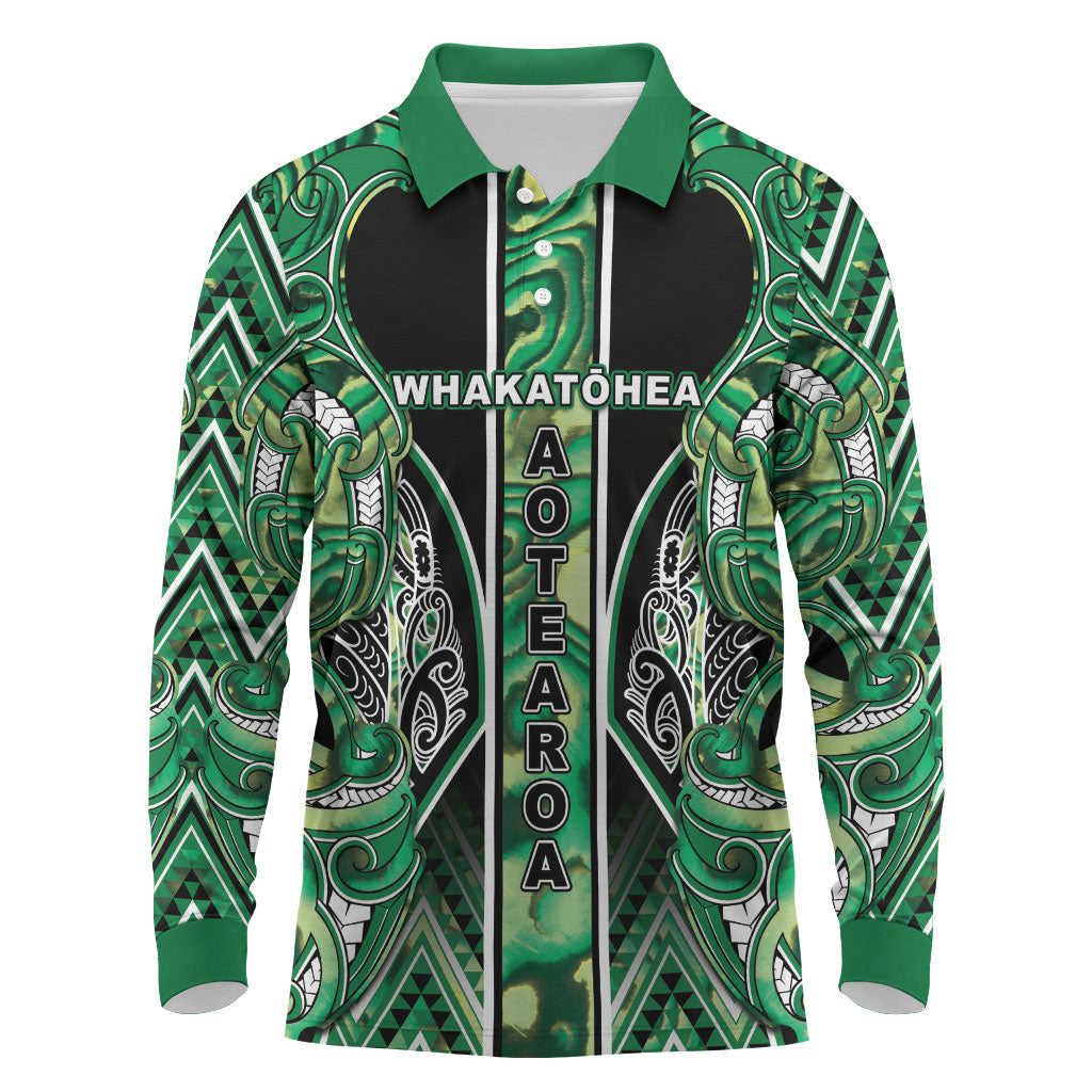 Aotearoa Whakatohea Long Sleeve Polo Shirt Maori Tribal Green Abalone Paua Shell Pattern DT05 Green - Polynesian Pride