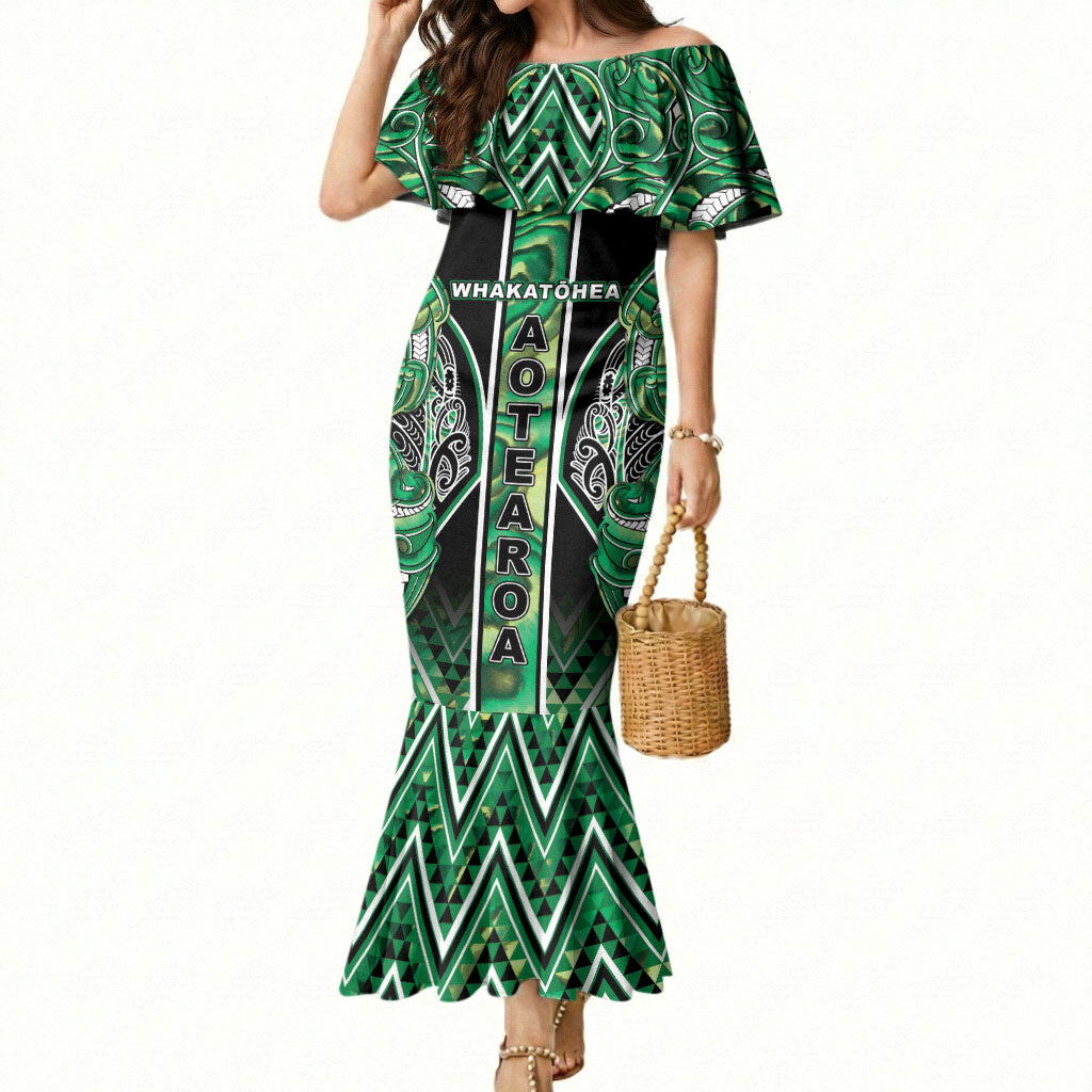 Aotearoa Whakatohea Mermaid Dress Maori Tribal Green Abalone Paua Shell Pattern DT05 Women Green - Polynesian Pride