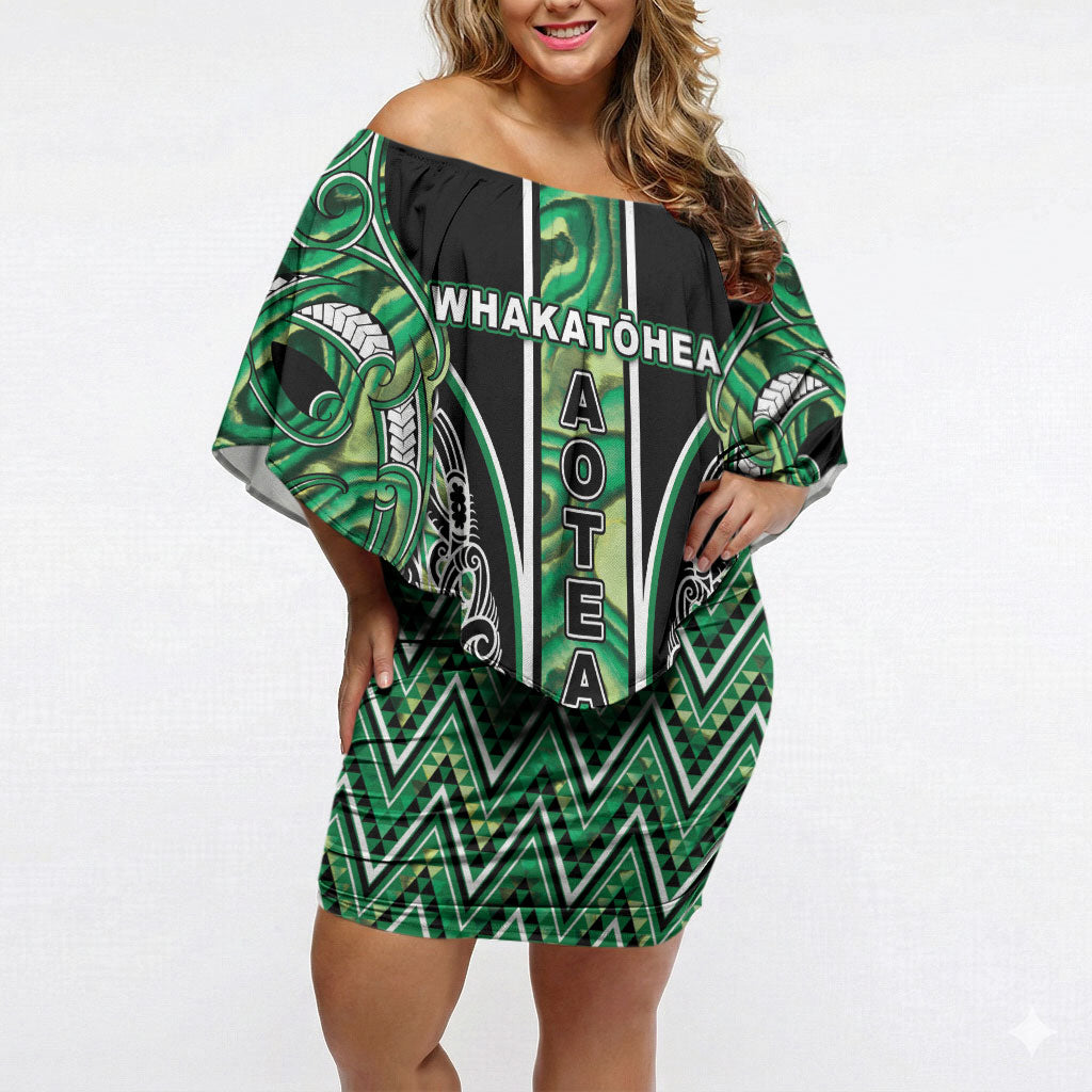 Aotearoa Whakatohea Off Shoulder Short Dress Maori Tribal Green Abalone Paua Shell Pattern DT05 Women Green - Polynesian Pride