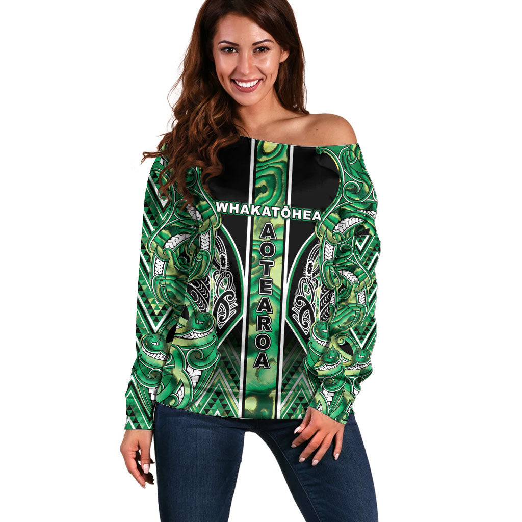 Aotearoa Whakatohea Off Shoulder Sweater Maori Tribal Green Abalone Paua Shell Pattern DT05 Women Green - Polynesian Pride