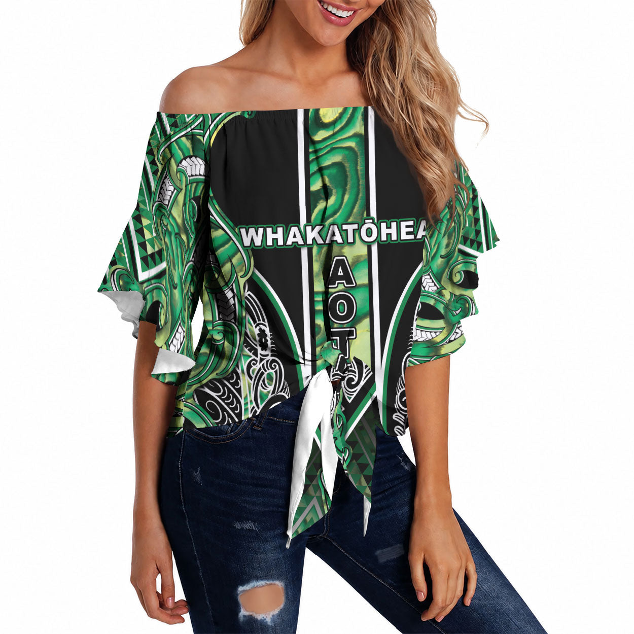 Aotearoa Whakatohea Off Shoulder Wrap Waist Top Maori Tribal Green Abalone Paua Shell Pattern DT05 Green - Polynesian Pride