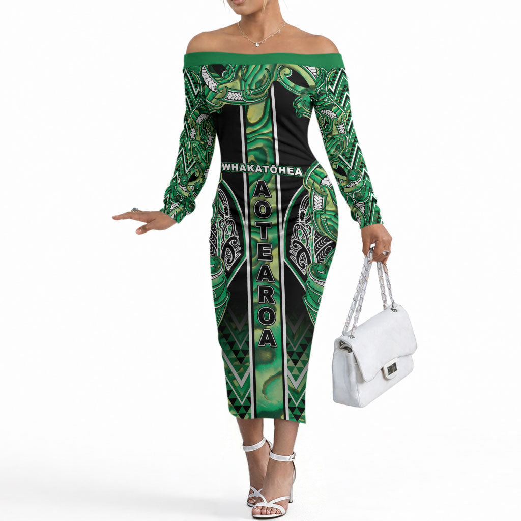 Aotearoa Whakatohea Off The Shoulder Long Sleeve Dress Maori Tribal Green Abalone Paua Shell Pattern DT05 Women Green - Polynesian Pride