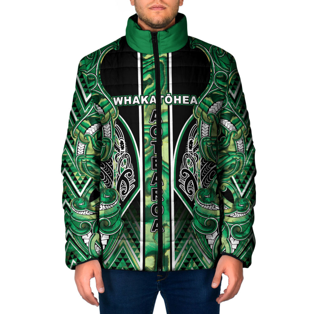 Aotearoa Whakatohea Padded Jacket Maori Tribal Green Abalone Paua Shell Pattern DT05 Men Green - Polynesian Pride