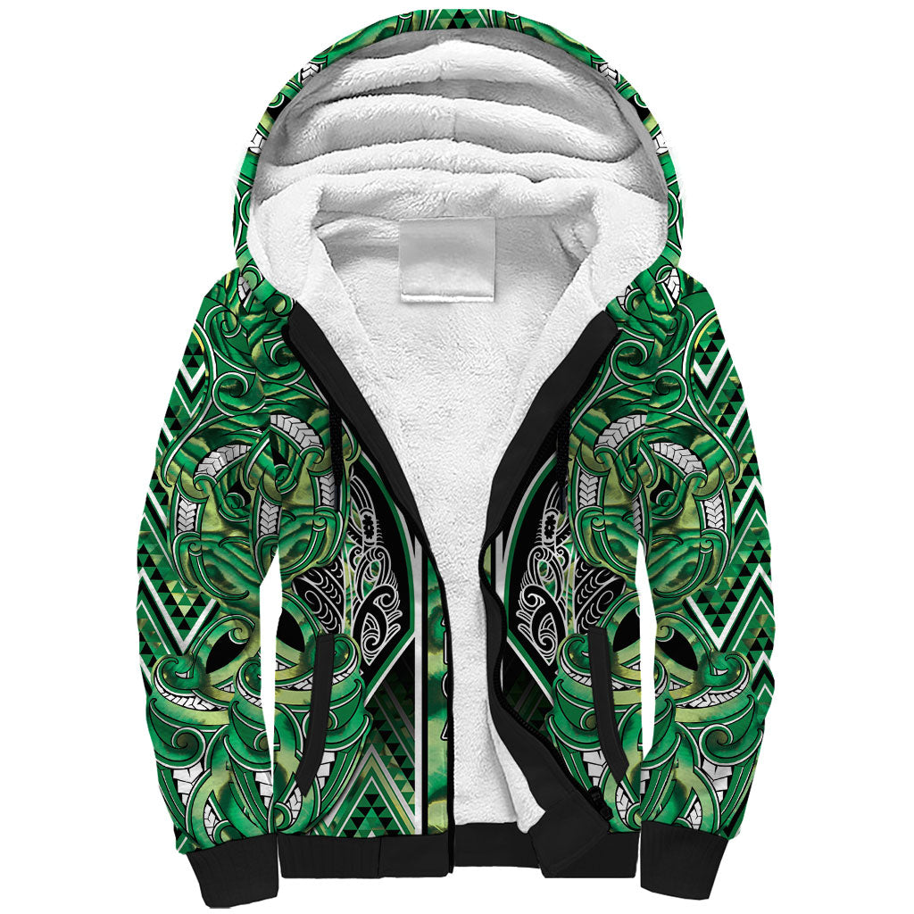 Aotearoa Whakatohea Sherpa Hoodie Maori Tribal Green Abalone Paua Shell Pattern DT05 Unisex Green - Polynesian Pride