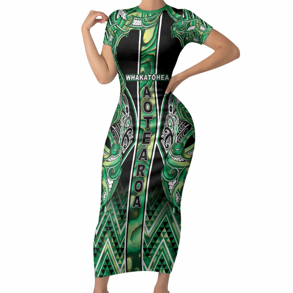 Aotearoa Whakatohea Short Sleeve Bodycon Dress Maori Tribal Green Abalone Paua Shell Pattern DT05 Long Dress Green - Polynesian Pride