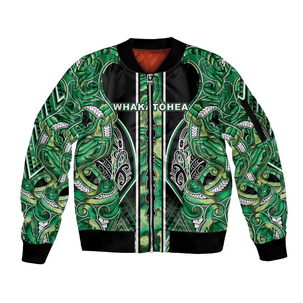 Aotearoa Whakatohea Sleeve Zip Bomber Jacket Maori Tribal Green Abalone Paua Shell Pattern DT05 Unisex Green - Polynesian Pride