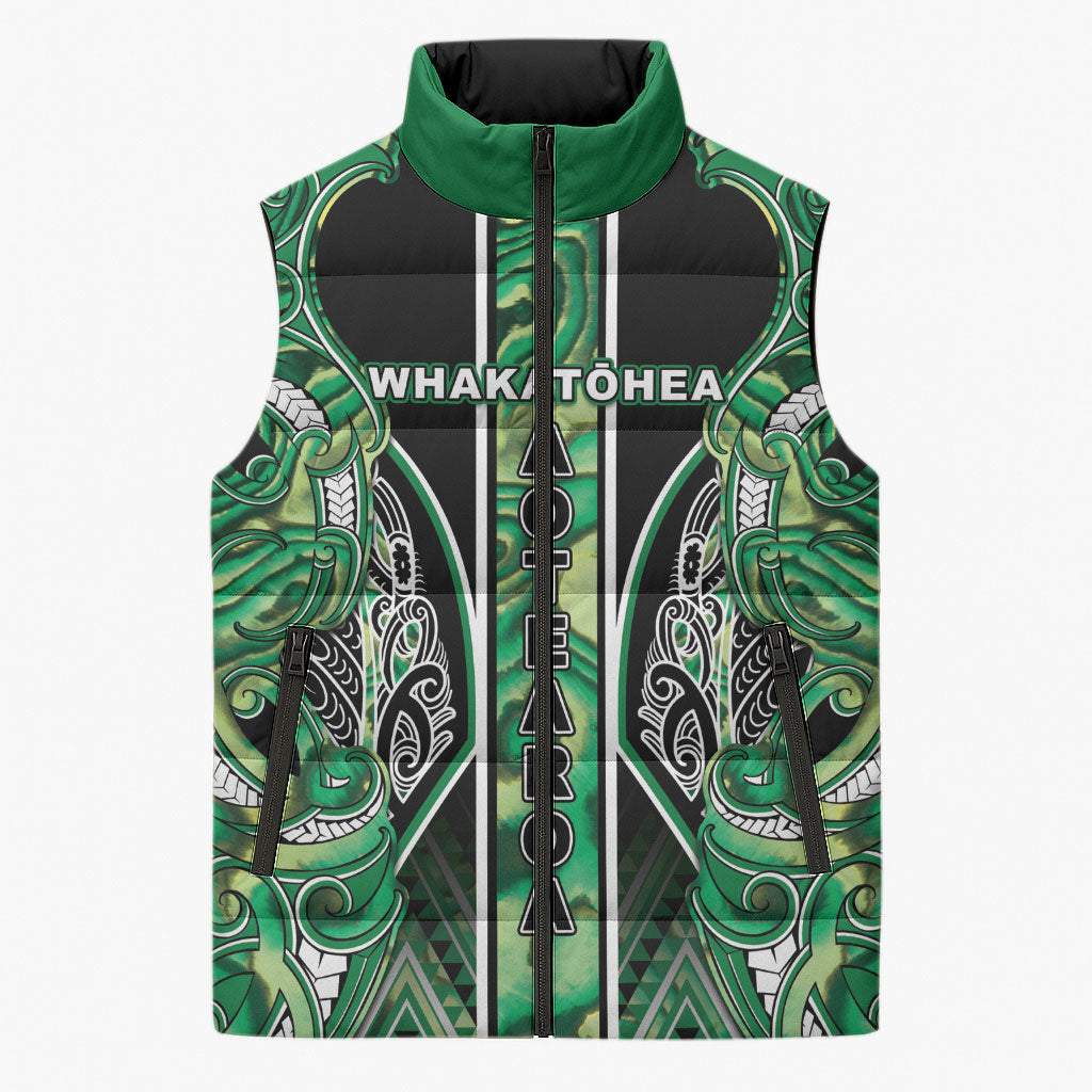 Aotearoa Whakatohea Sleeveless Puffer Jacket Maori Tribal Green Abalone Paua Shell Pattern DT05 Unisex Green - Polynesian Pride