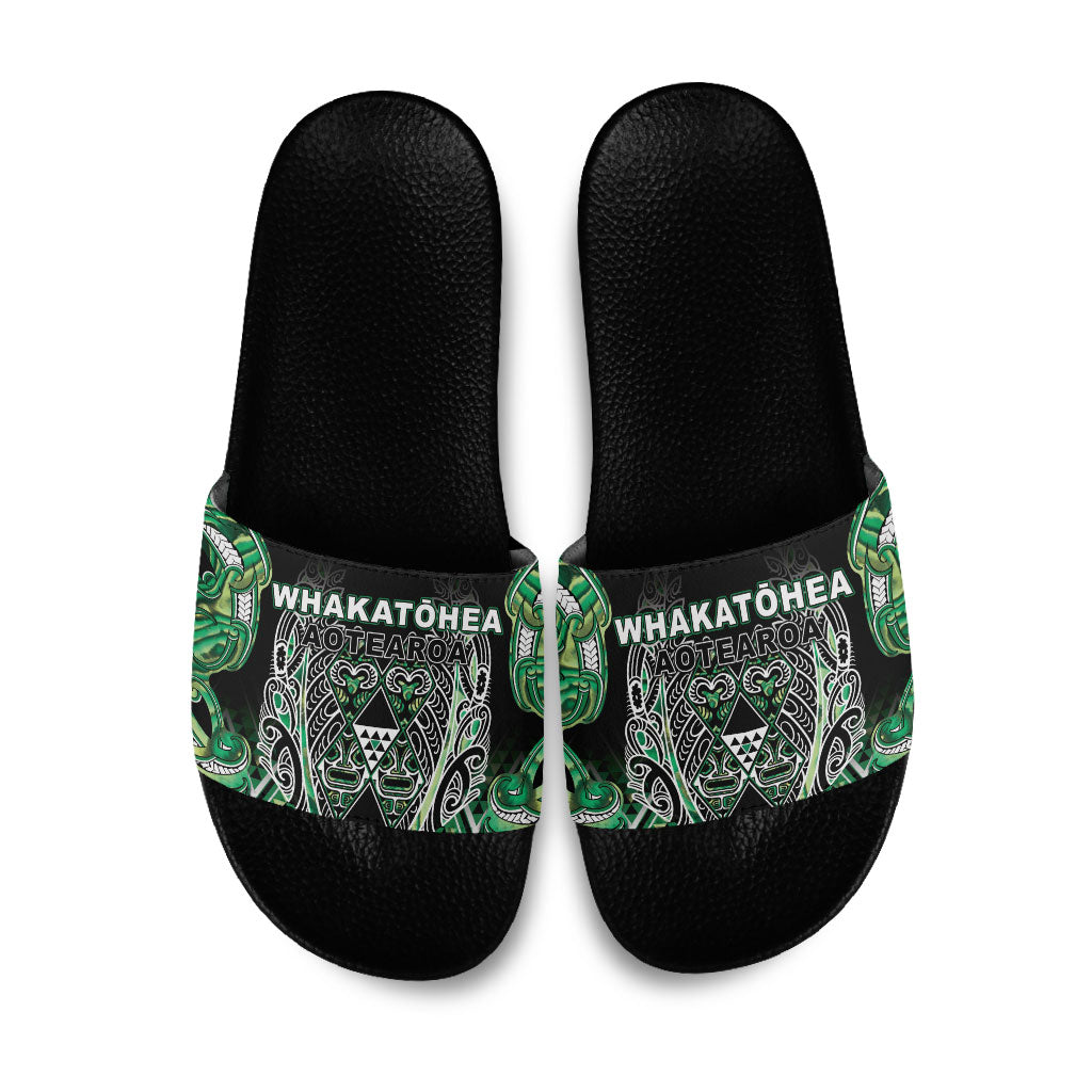 Aotearoa Whakatohea Slide Sandals Maori Tribal Green Abalone Paua Shell Pattern DT05 Green - Polynesian Pride