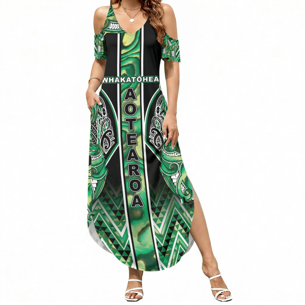 Aotearoa Whakatohea Summer Maxi Dress Maori Tribal Green Abalone Paua Shell Pattern DT05 Women Green - Polynesian Pride