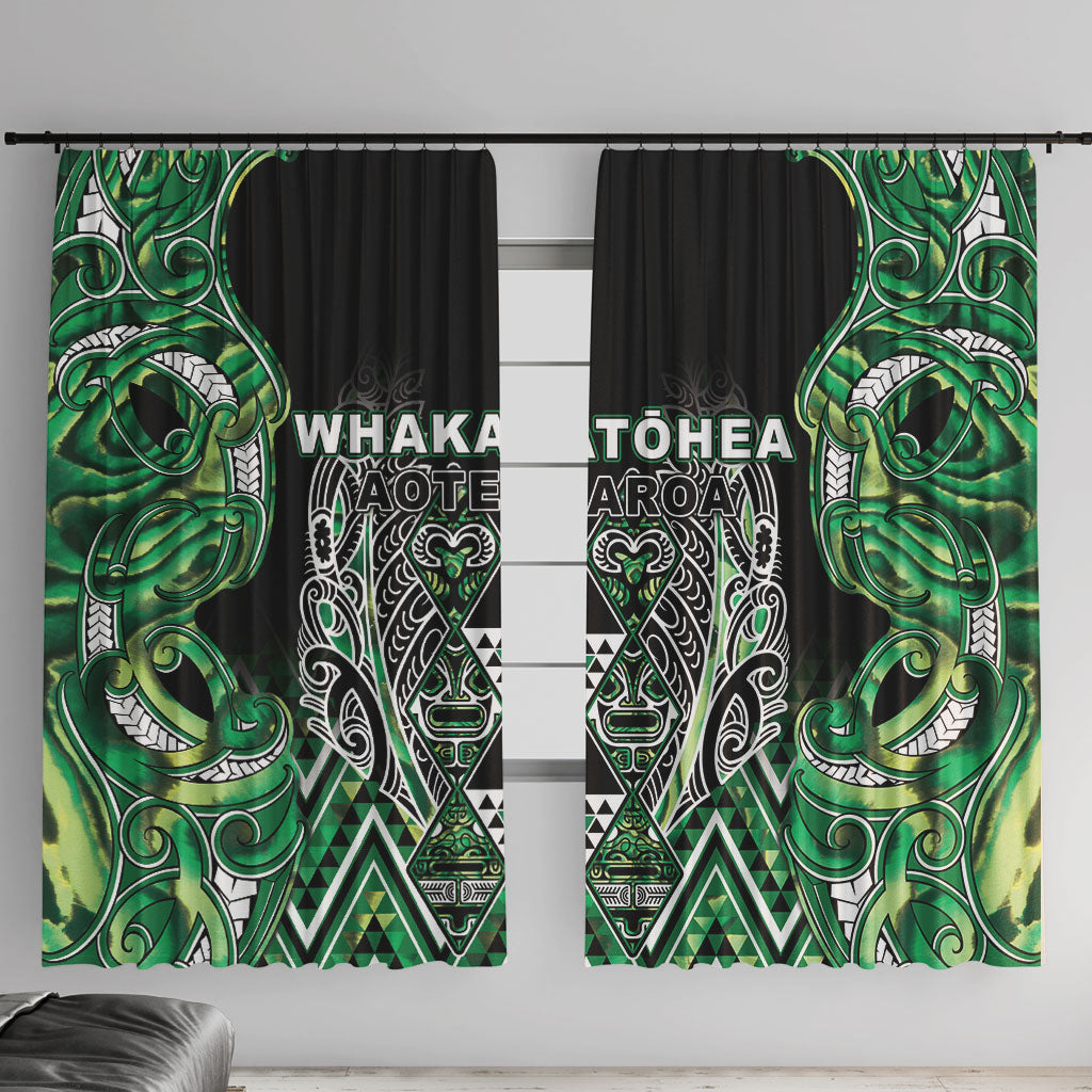Aotearoa Whakatohea Window Curtain Maori Tribal Green Abalone Paua Shell Pattern DT05 With Hooks Green - Polynesian Pride