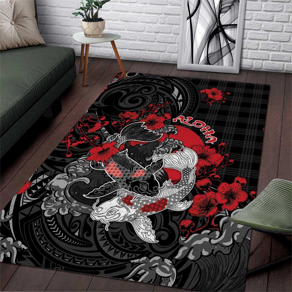 Hawaiian And Japanese Area Rug Aloha Koi Fish Palaka Patterns - Polynesian Pride