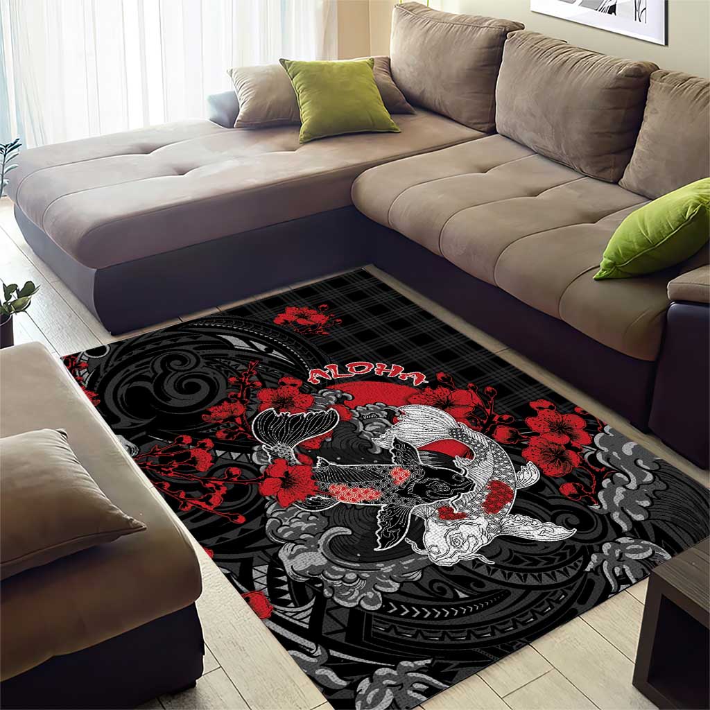 Hawaiian And Japanese Area Rug Aloha Koi Fish Palaka Patterns - Polynesian Pride