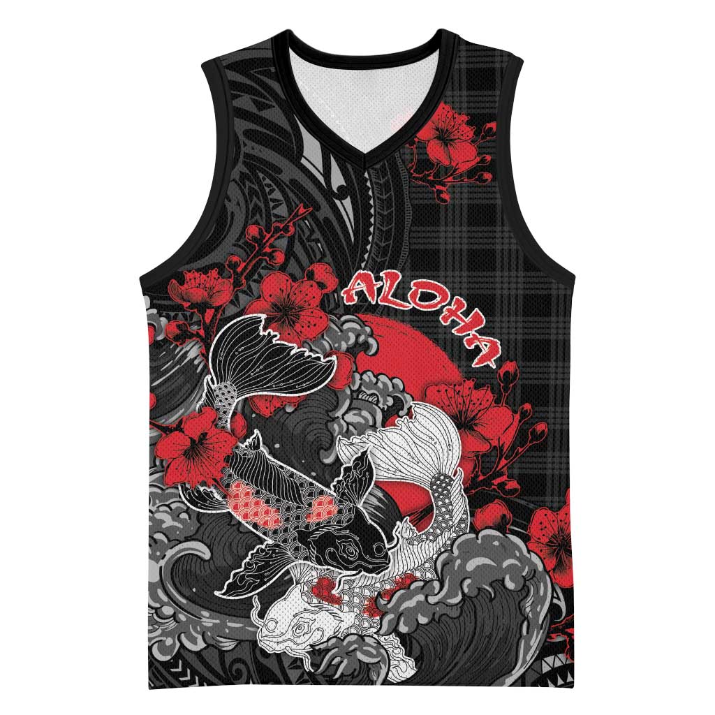 Personalised Hawaiian And Japanese Basketball Jersey Aloha Koi Fish Palaka Patterns - Polynesian Pride