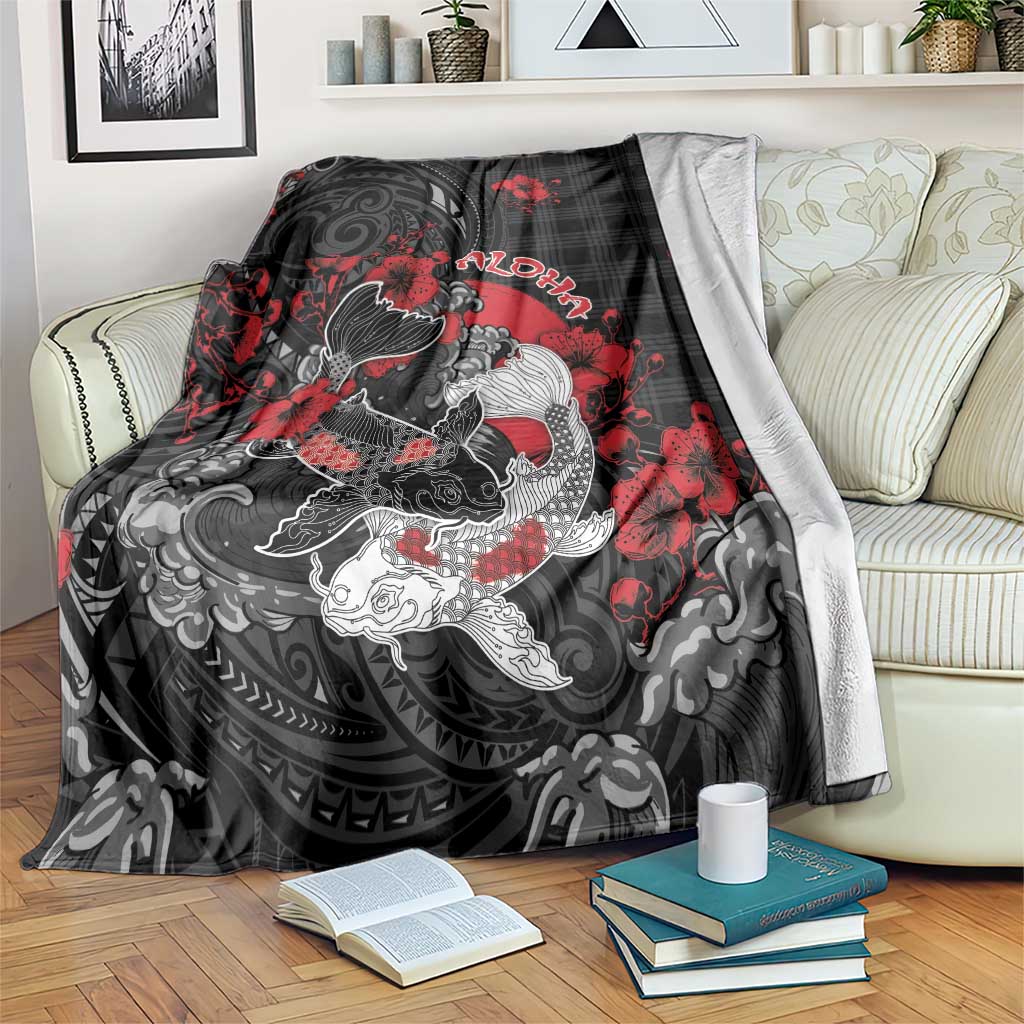 Hawaiian And Japanese Blanket Aloha Koi Fish Palaka Patterns DT05 Black - Polynesian Pride