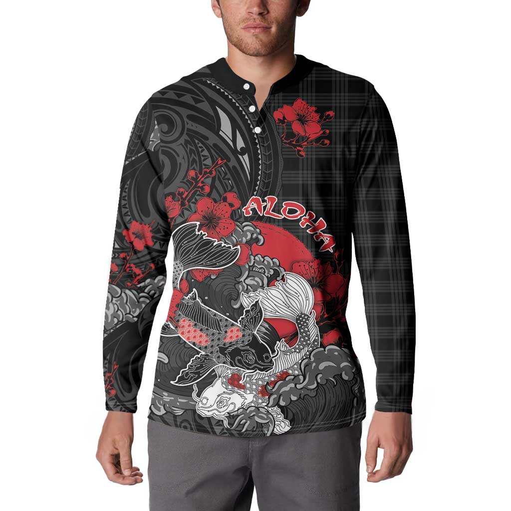 Personalised Hawaiian And Japanese Button Sweatshirt Aloha Koi Fish Palaka Patterns - Polynesian Pride