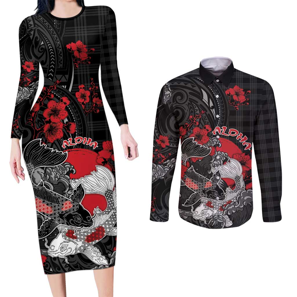 Personalised Hawaiian And Japanese Couples Matching Long Sleeve Bodycon Dress and Long Sleeve Button Shirt Aloha Koi Fish Palaka Patterns - Polynesian Pride