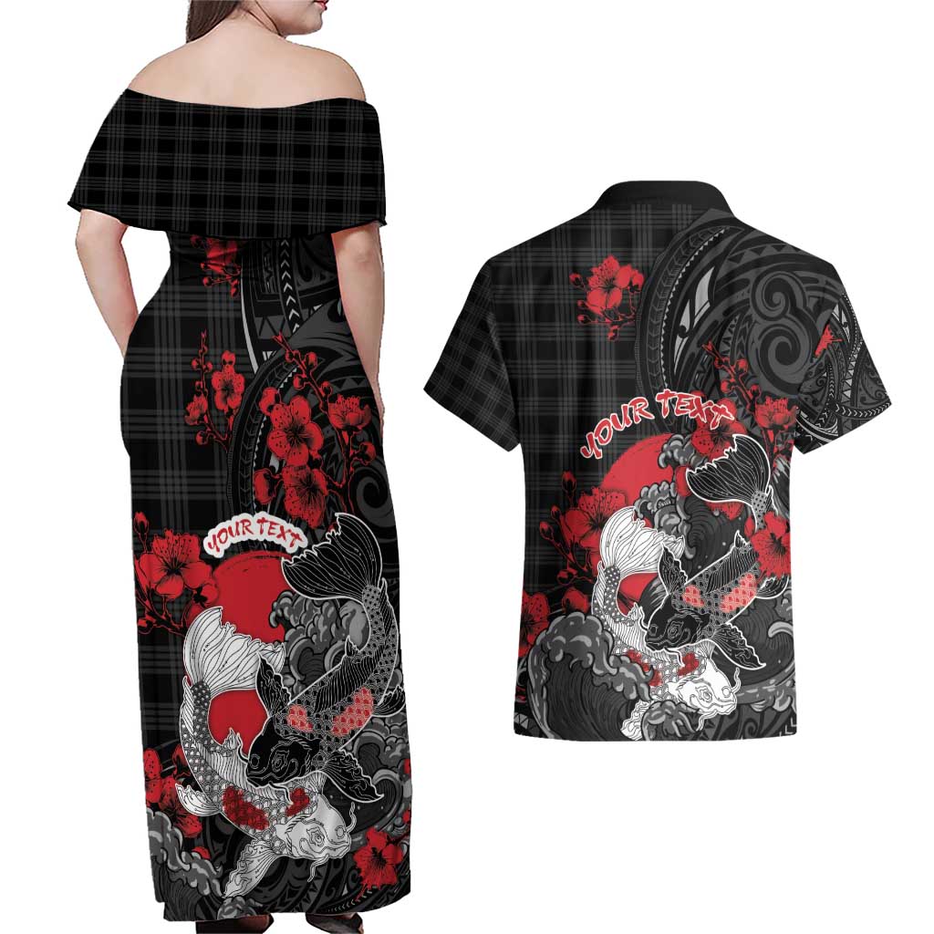Personalised Hawaiian And Japanese Couples Matching Off Shoulder Maxi Dress and Hawaiian Shirt Aloha Koi Fish Palaka Patterns - Polynesian Pride