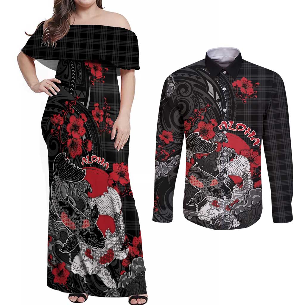 Personalised Hawaiian And Japanese Couples Matching Off Shoulder Maxi Dress and Long Sleeve Button Shirt Aloha Koi Fish Palaka Patterns - Polynesian Pride