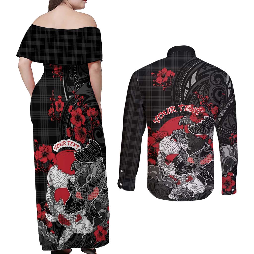 Personalised Hawaiian And Japanese Couples Matching Off Shoulder Maxi Dress and Long Sleeve Button Shirt Aloha Koi Fish Palaka Patterns - Polynesian Pride